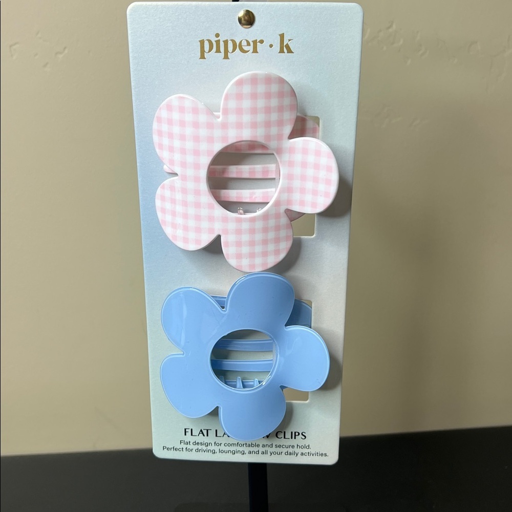 Piper K | Large Blue & Pink Gingham Flower Spring Summer Flat Lay Claw Clips